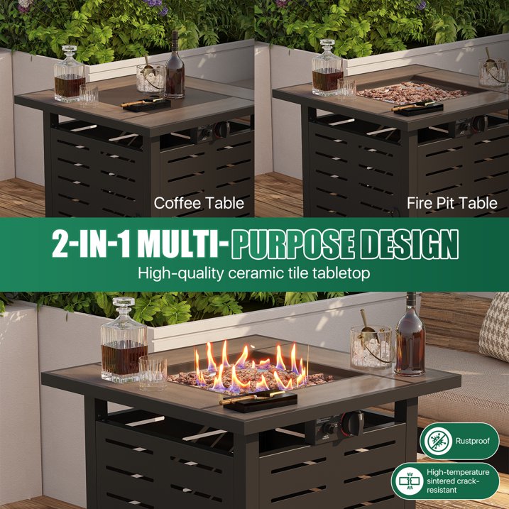 Clouddwell 28" Outdoor Fire Pit Table - 50,000 BTU with Ceramic Tabletop, Lava Rocks & Cover Included