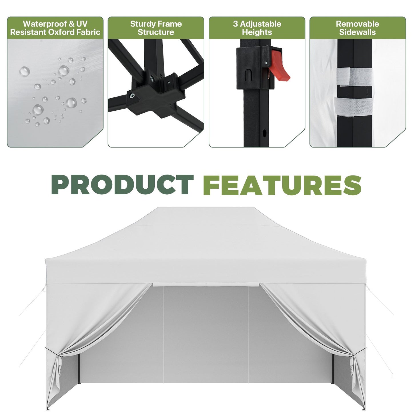 Clouddwell 10'x15' Pop Up Canopy Tent with Removable Sidewalls, Adjustable Height Instant Outdoor Canopy, Portable Sun Shade Shelter with 4 Sandbags, Easy Setup for Events, Parties, White