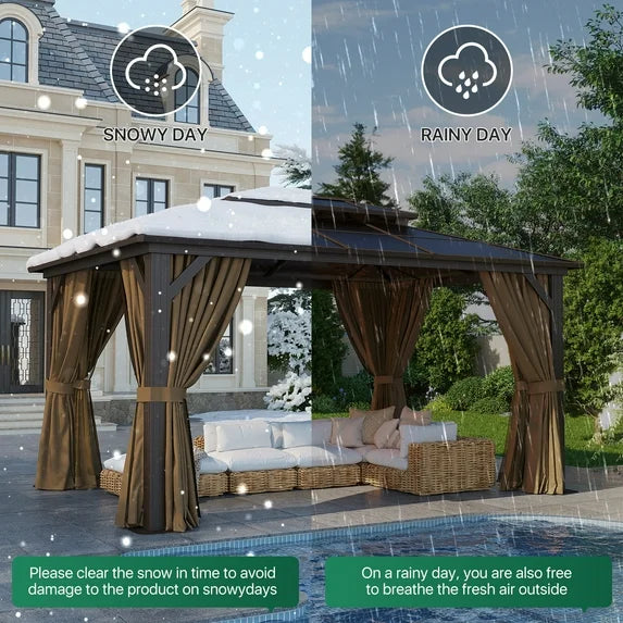 Clouddwell 10'x14' Hardtop Gazebo - Polycarbonate Double Roof with Netting & Curtains for Patio, Garden Sun Protection,Browm