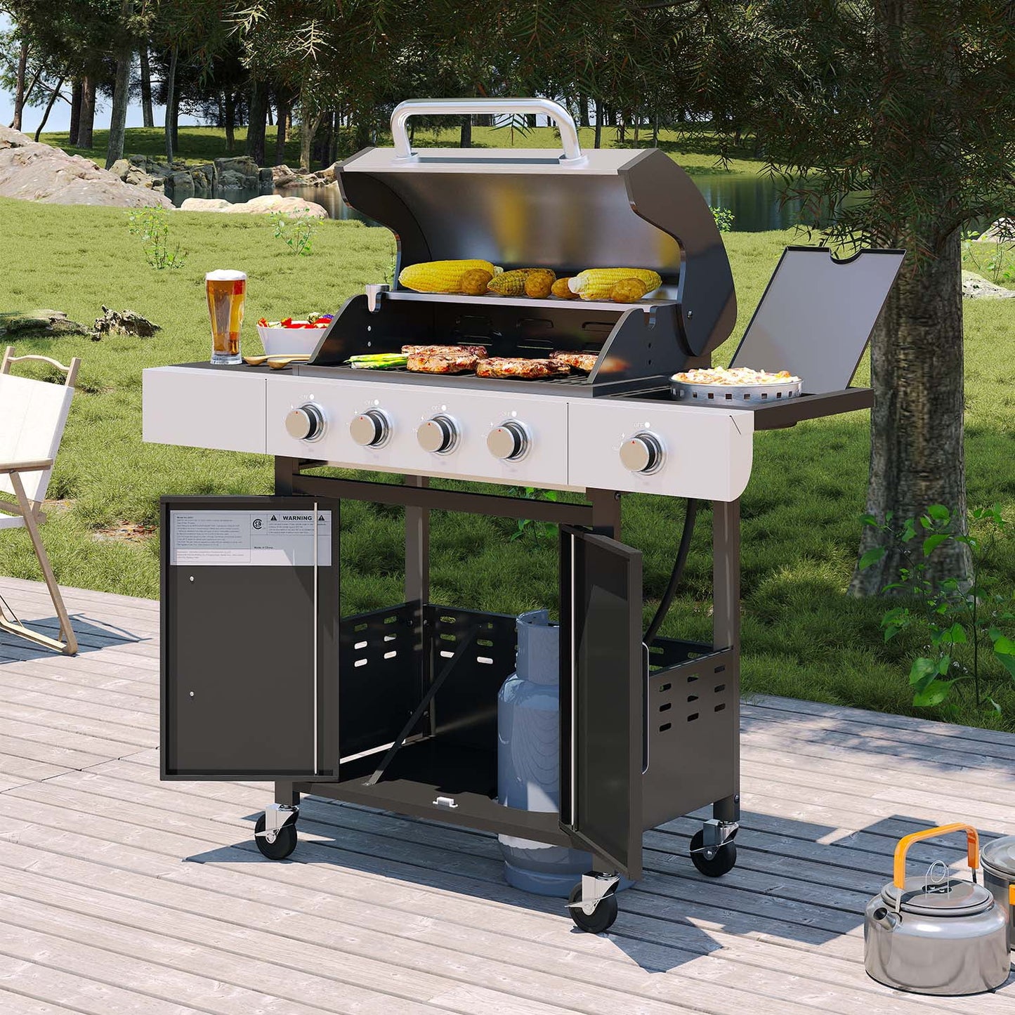 4 Burner Gas Grill, with 4 Casters, Side Table, and Thermometer, Patio Garden BBQ Grill Perfect for Camping, Black and Silver