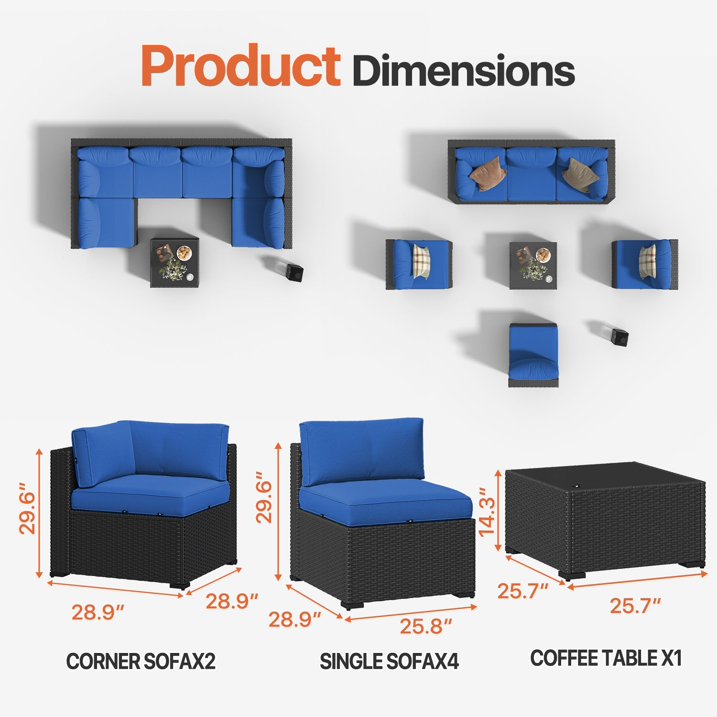 Dateyes 7-Piece Patio Furniture Set, All-Weather Wicker Rattan Outdoor Sectional Sofa Set with Coffee Table (Navy Blue)