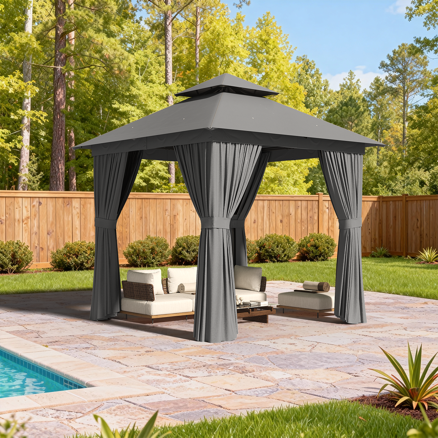 Clouddwell 8'x 8' Patio Gazebo Double Roof Protection All-Weather Outdoor Shelter Features Insect Screens & Privacy Curtains Ideal for Backyard, Lawn, (Gray)
