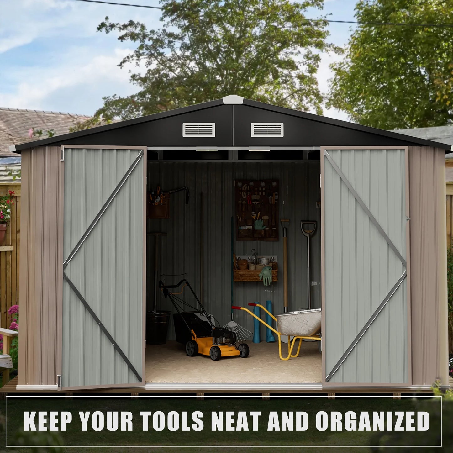 Sunmthink 7.6 x 9.7 FT Outdoor Storage Shed with Base Frame, Metal Shed with Lockable Door, Tool Shed for Garden, Backyard, Patio, Lawn(Floor included)