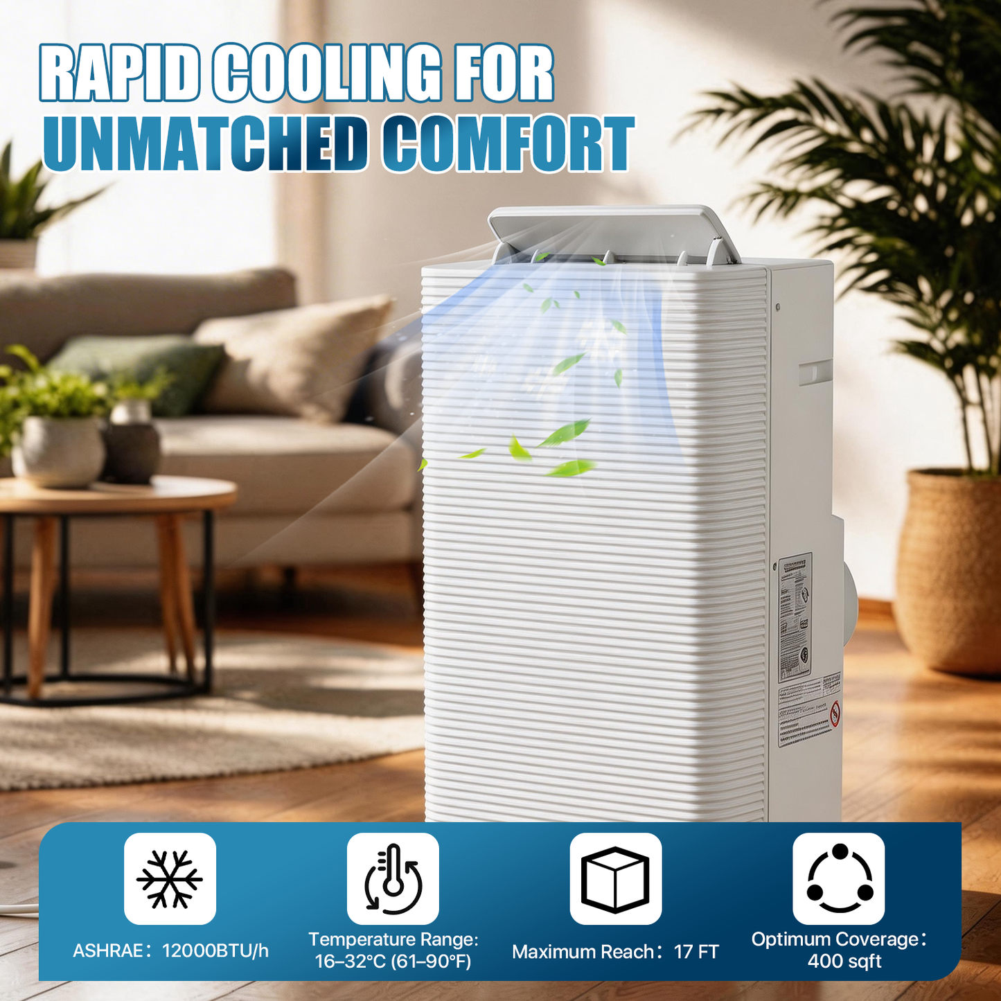 YardCache 12000 BTU Portable Air Conditioners, 4-1 Standing Smart Cooling AC with Remote Control, Cooling, Heating， Dehumidifier and Fan, Automatic Unit for Bedroom, 55dB Quiet, Portable AC for Room
