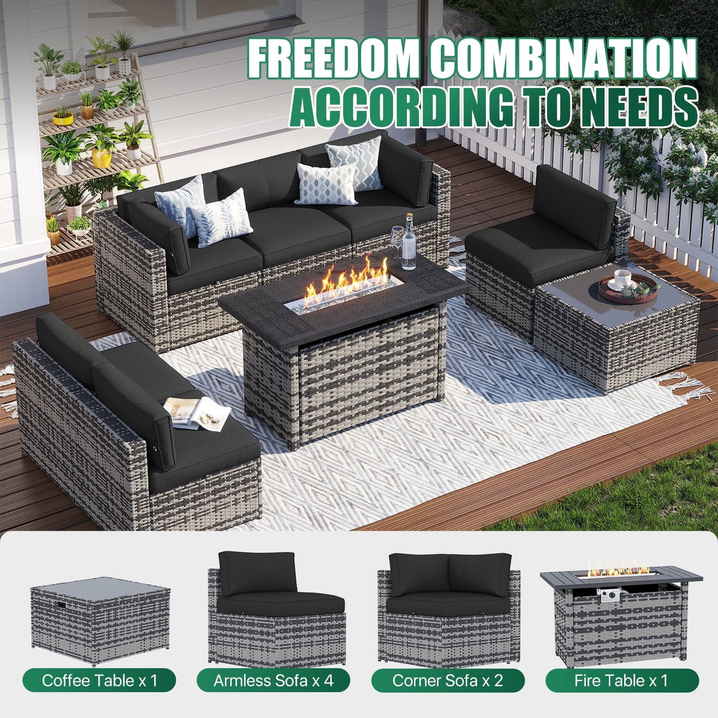 Clouddwell 8 Piece Patio Furniture Set with 44” Fire Pit Table Wicker Rattan Patio Conversation Set Outdoor Sectional Sofa Set with Coffee Table and Black Cushions(Waterproof Cover Included)