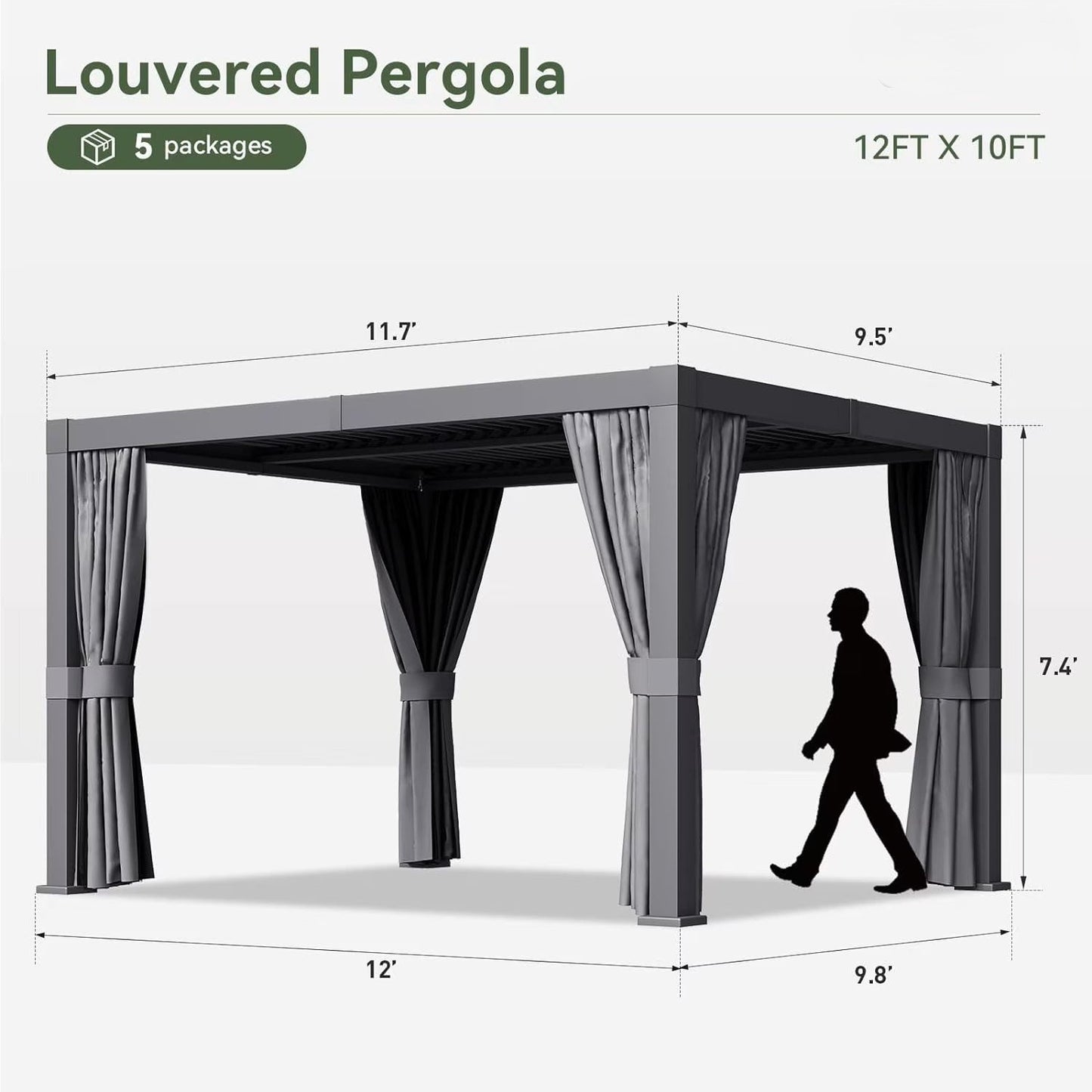 Sunmthink 10' x 12' Louvered Pergola, Outdoor Aluminum Pergola with Curtains & Netting for Decks, Gardens and Backyards, Gray