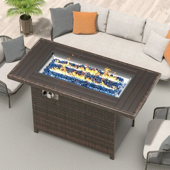Aoxun 44" Outdoor Gas Fire Pit Table 60,000 BTU with Storage, Propane Fire Pit Table with Removable Lid & Waterproof Cover, for Outside Patio, Brown