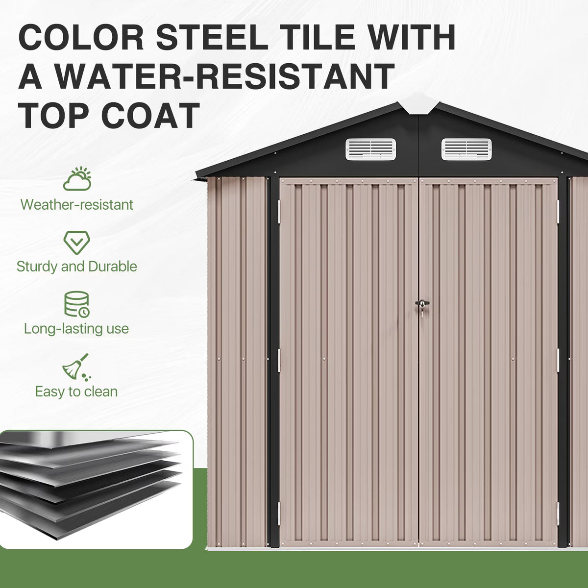 Dateyes 6X4FT Outdoor Storage Shed with Plastic Floor, Metal Tool Shed with Lockable Door and Vents, Patio Shed for Garden, Backyard, Poolside, Brown