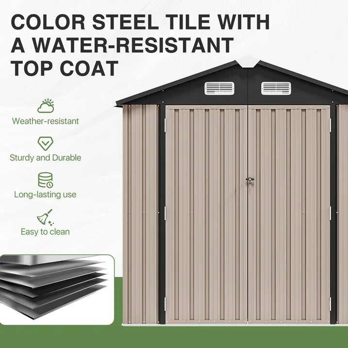 Sunmthink 6X4FT Outdoor Storage Shed with Plastic Floor, Metal Tool Shed with Lockable Door and Vents, Patio Shed for Garden, Backyard, Poolside, Brown