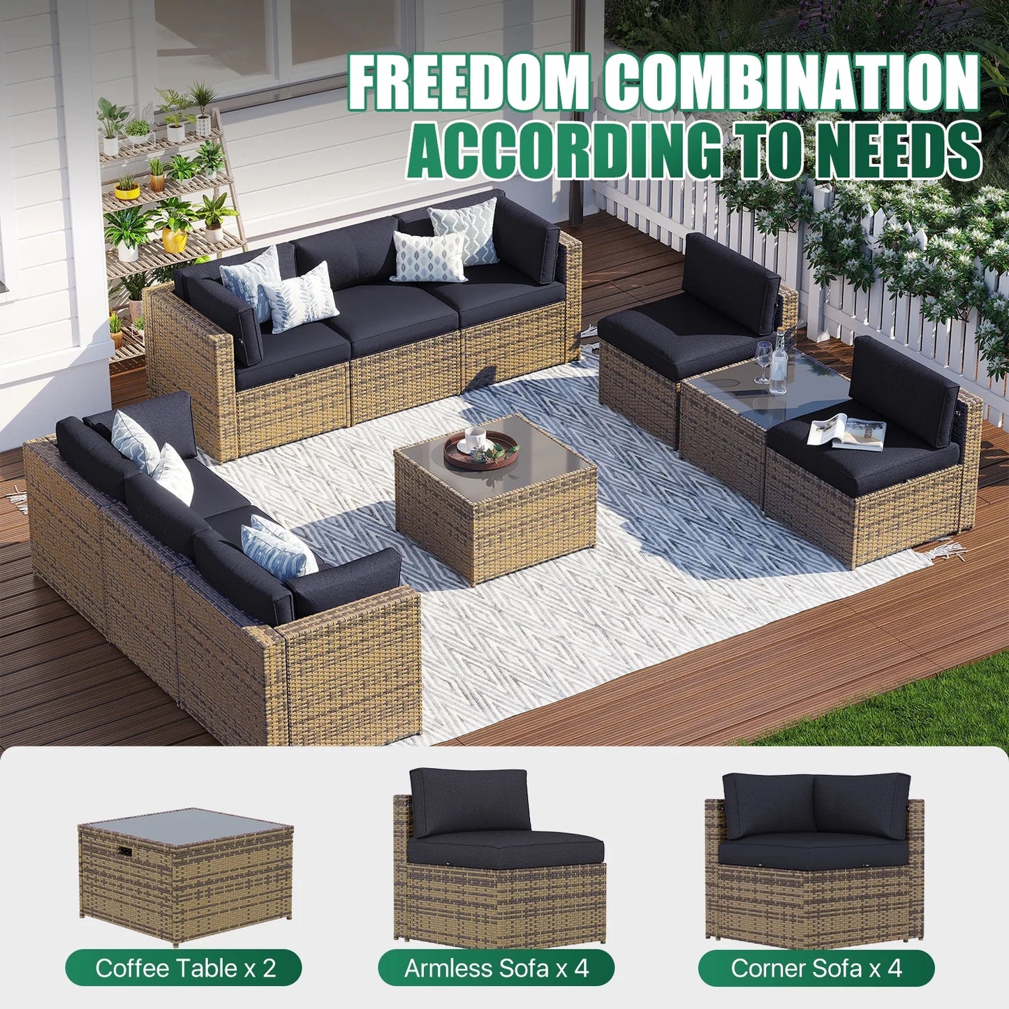 Clouddwell 10 Piece Patio Furniture Set Wicker Rattan Patio Conversation Set Outdoor Sectional Sofa Set with Coffee Table and Black Cushions(Waterproof Cover Included)