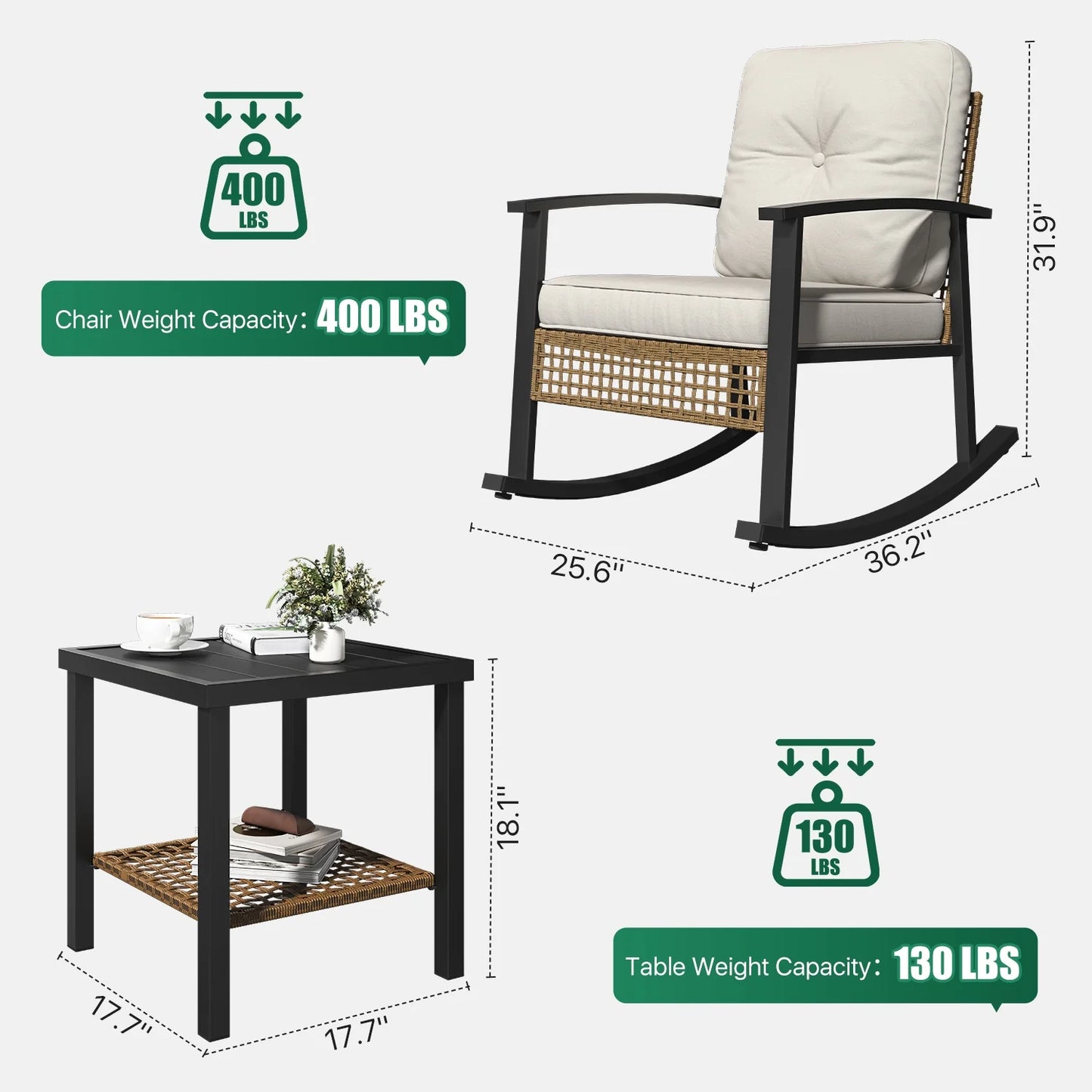 Clouddwell 3-Piece Patio Furniture Set,Steel Rocking Chair with Comfortable Cushions and Coffee Table.for Garden,Yard off-White