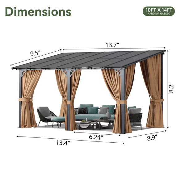 Aoxun 10'x14' Lean to Gazebo with Mosquito Net and Curtains, Aluminum Frame, Polycarbonate Panel, Wall Mounted Pergola with Sloped Roof for Backyard, Porch, Deck
