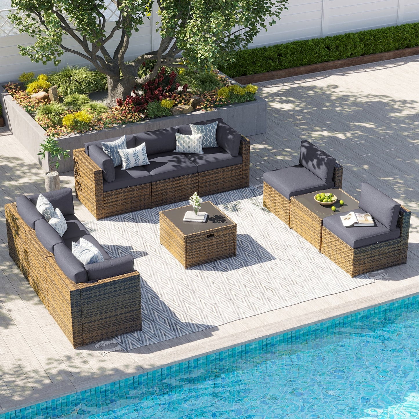 Clouddwell 10 Piece Patio Furniture Set Wicker Rattan Patio Conversation Set Outdoor Sectional Sofa Set with Coffee Table and Gray Cushions(Waterproof Cover Included)