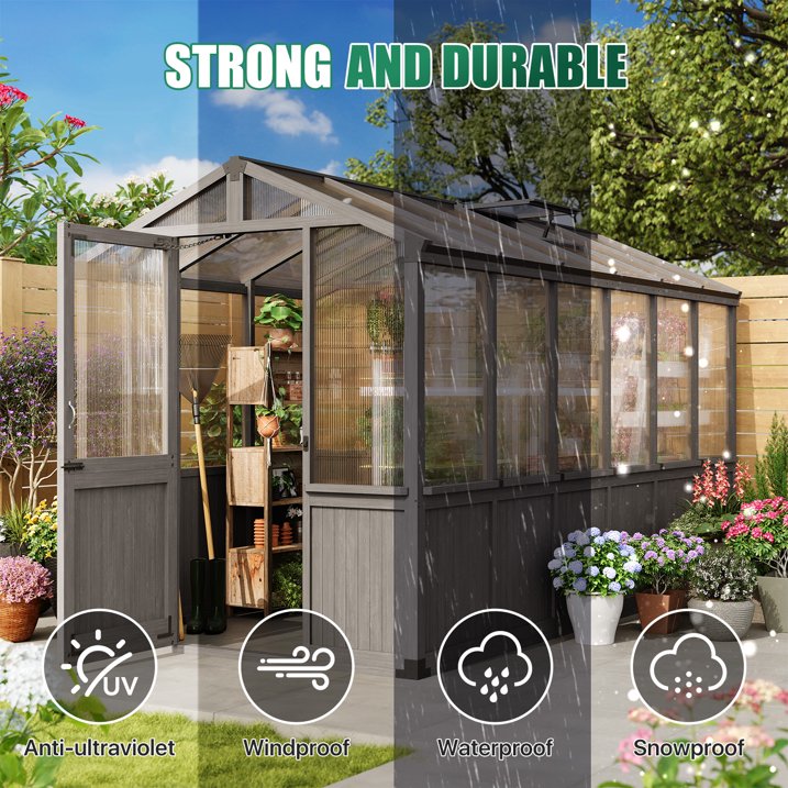 Clouddwell Large Outdoor Wooden Storage Shed, Polycarbonate Panels with Automatic Roof Vent & Lockable Door, Outdoor Walk-in Garden Greenhouse, 6x12 FT, Gray