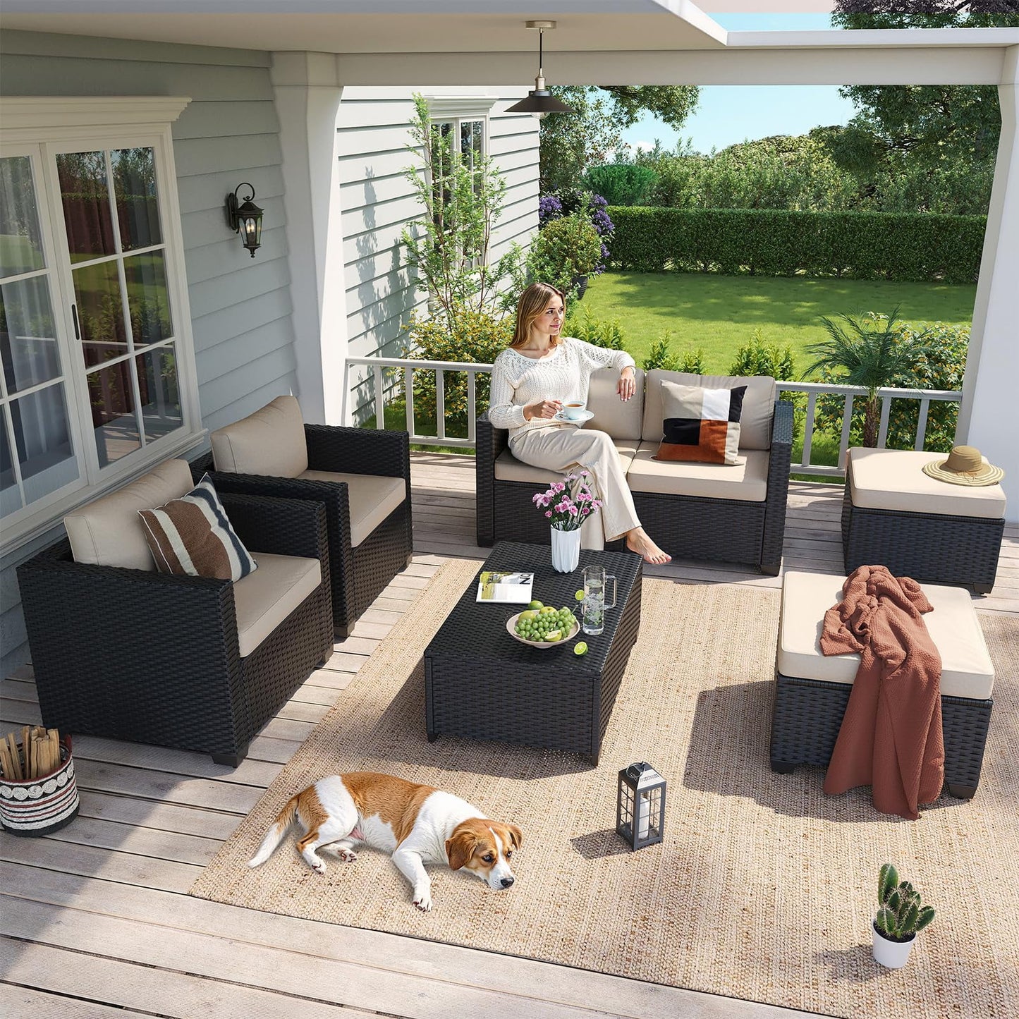 ClouddWell 4 Seat Outdoor Patio Furniture Set, Patio Conversation Sets with Thick Waterproof Cushions & Storage Coffee Table(Beige)