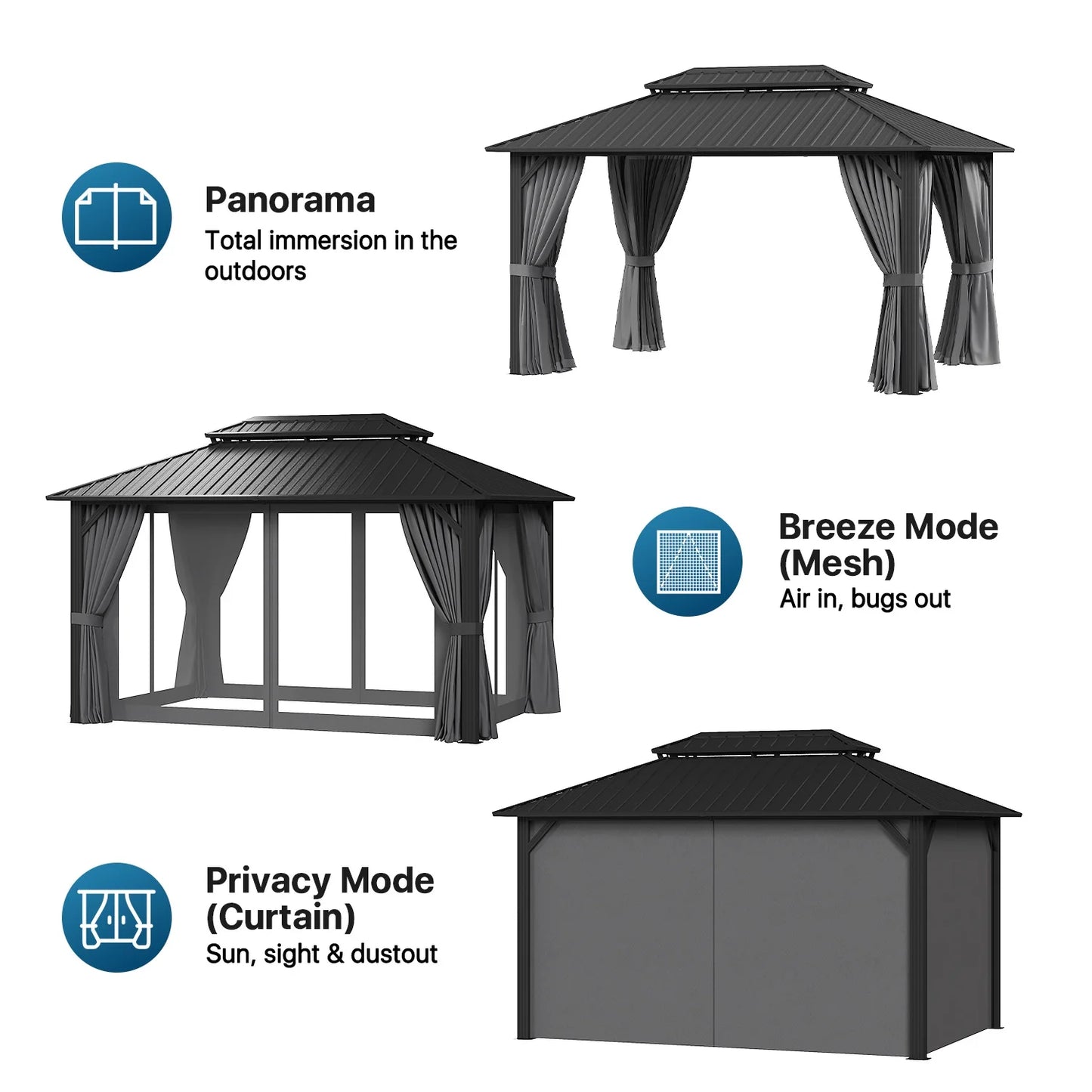 Sunmthink 10' x 14' Hardtop Gazebo with Mosquite Netting, Double Metal Roof for Lawn and Garden, Gray