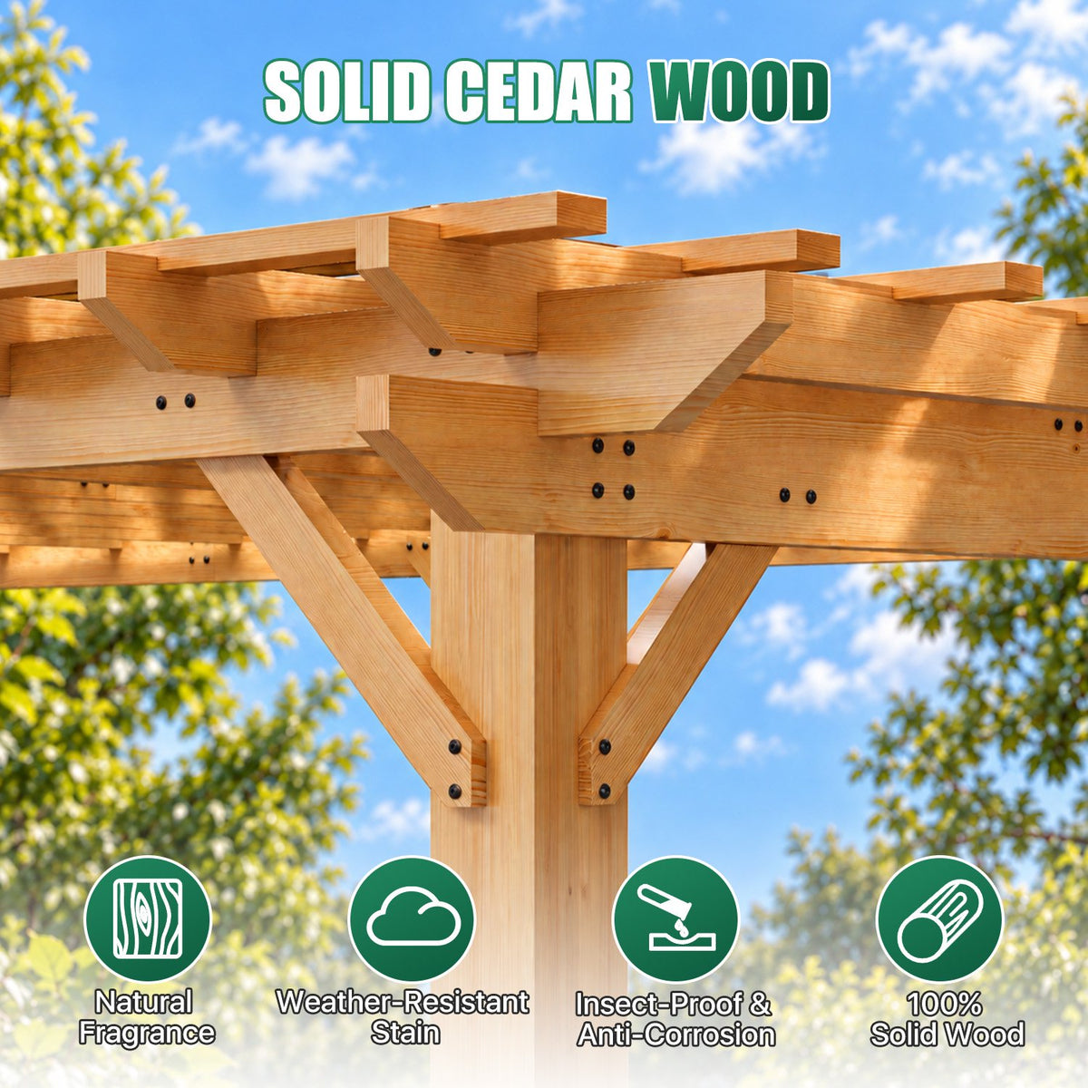Sunmthink 12' x 16' Solid Cedar Outdoor Pergola, Tiered Lattice Canopy, Wind-Resistant up to 100 MPH, Natural Wood Finish for Patio, Deck, Lawn & Garden