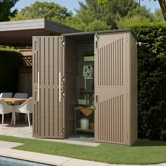Cloudwell Outdoor Storage Shed, 64 Cu.Ft Vertical Waterproof Resin Storage Cabinet for Garage Storage, Pool Storage, Bike Shed, Garden Tools, Patio Furniture, Brown