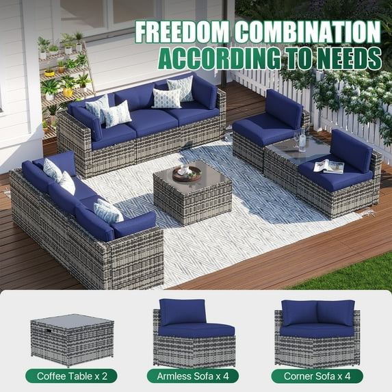 Clouddwell 10 Piece Patio Furniture Set Wicker Rattan Patio Conversation Set Outdoor Sectional Sofa Set with Coffee Table and Blue Cushions(Waterproof Cover Included)