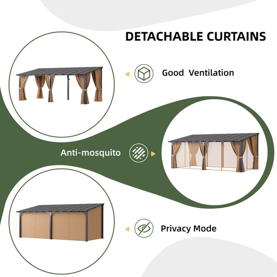 Aoxun 10'x20' Lean to Gazebo with Mosquito Net and Curtains, Aluminum Frame, Polycarbonate Panel, Wall Mounted Pergola with Sloped Roof for Backyard, Porch, Deck