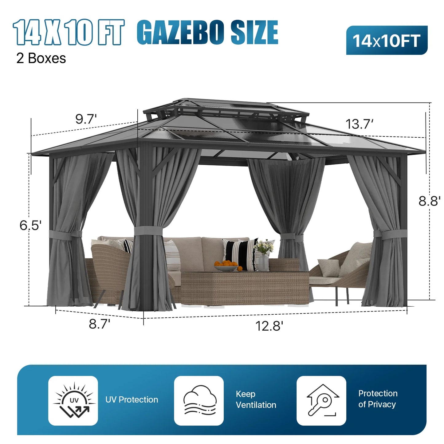 Sunmthink 10' x 14' Hardtop Gazebo,Polycarbonate Double Roof,Aluminum Frame with Curtains and Netting for Patio,Garden,Gray