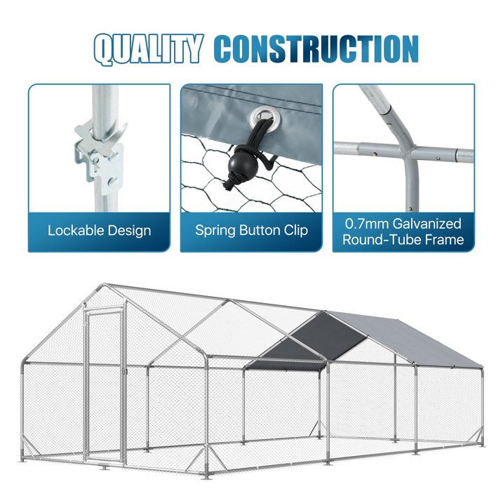 Sunmthink Heavy Duty Metal Chicken Coop Poultry Cage, Large Outdoor Yard Walk-in Enclosure with Waterproof Flat Roof Cover (9.8' L x 19.7' W x 6.4' H)