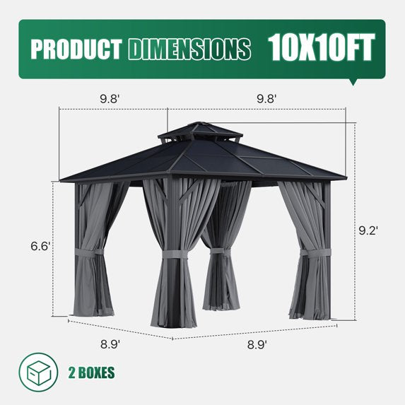 Clouddwell 10'x10' Hardtop Gazebo - Polycarbonate Double Roof with Netting & Curtains for Patio, Garden Sun Protection,Gray