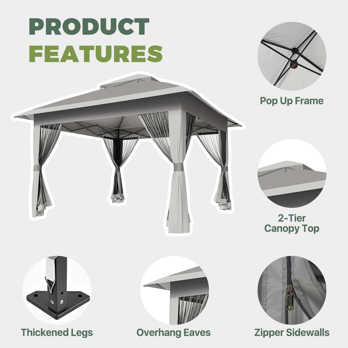 Dateyes 12x12 FT Pop Up Gazebo, Outdoor Gazebo Canopy with Mosquito Netting, 3 Adjustable Heights, Portable Patio Gazebo Tent for Backyard, Patio, Gray