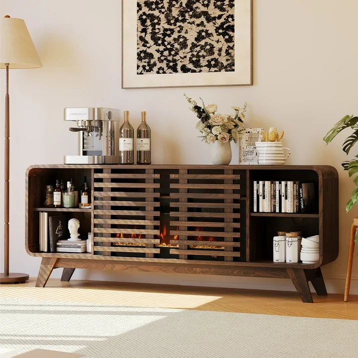 Sonegra Fireplace TV Stand with 36" Electric Fireplace, Mid Century Modern Entertainment Center with Led Lights for 80" TVs , Wood Media Console with Slatted Sliding Doors for Living Room, Brown