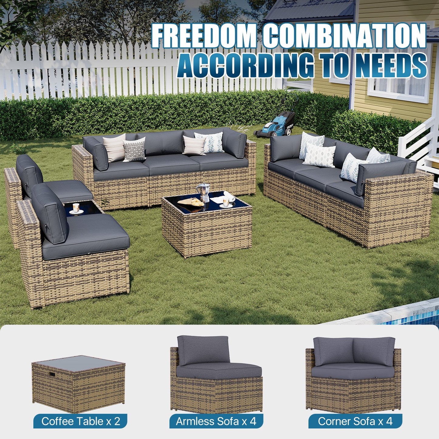 Sunmthink Patio Furniture Sets, 10-Piece Outdoor Patio Furniture with Thick Cushions, Wicker Outdoor Conversation Set and Waterproof Cover for Backyard, Poolside, Garden