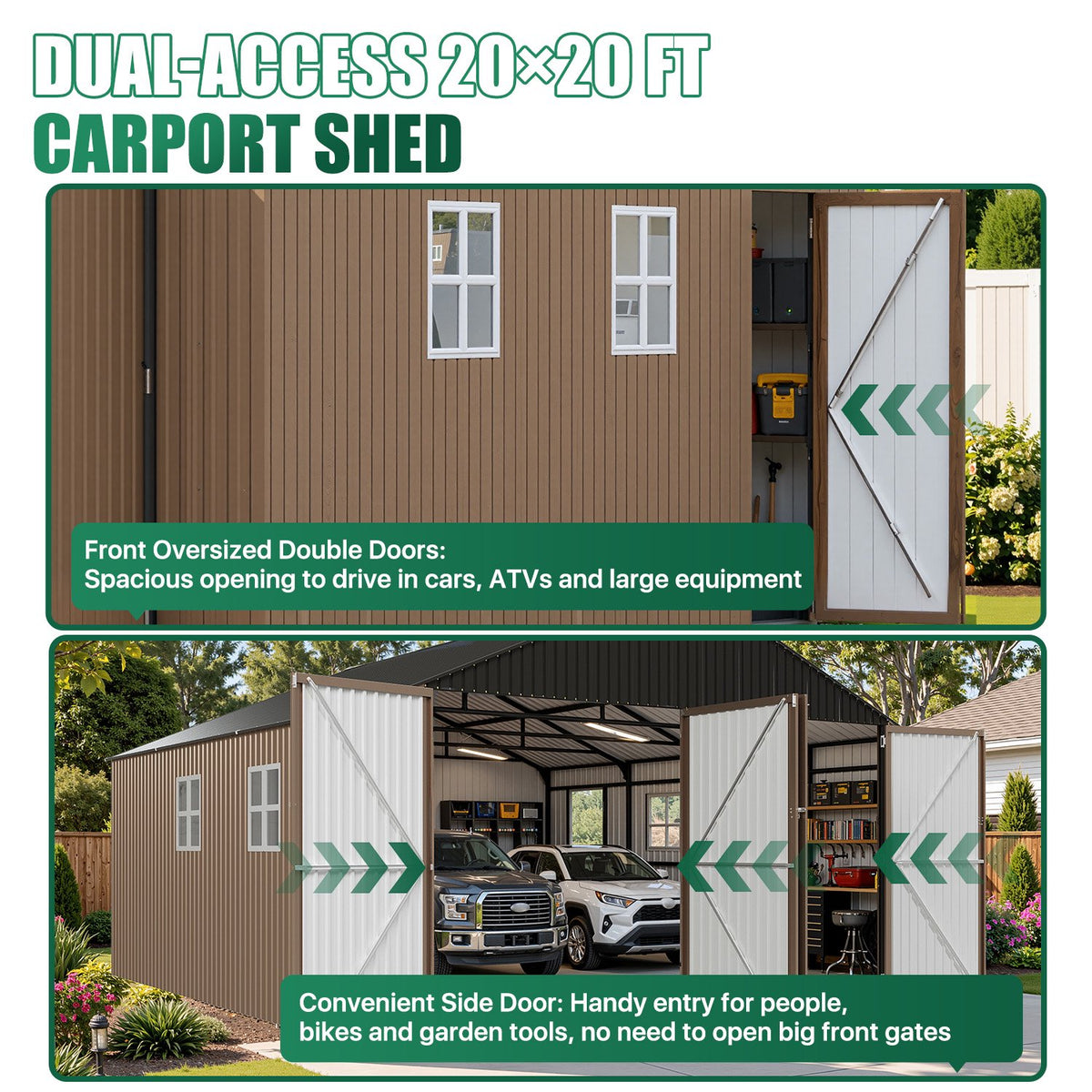 LazySunsets 20 x 20 FT Outdoor Storage Shed, Large Metal Garage Carport Shed, Heavy Duty Car Port with Double Front Doors & Side Door, Brown
