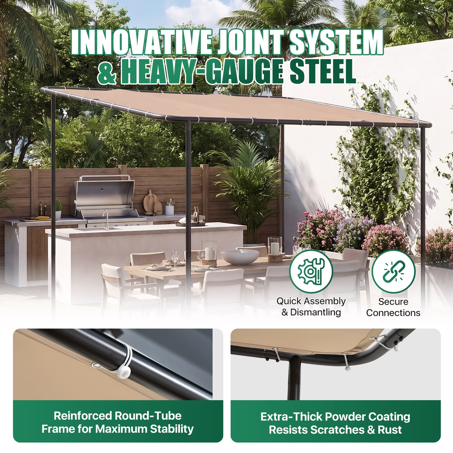 Clouddwell 8×10 FT Wall-Mounted Sloped Roof Outdoor Pergola Canopy, Water-Resistant & UV-Resistant Metal Patio Gazebo for Backyard Garden Porch in Khaki