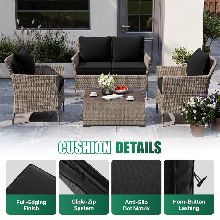 Clouddwell 4-Piece Premium Outdoor Cushion Set, 20x22x4 Inches High-Resilience Waterproof Cushions for 4-Seat Wicker Sectional(Black)