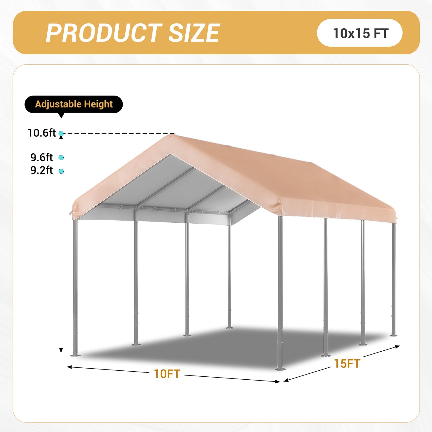 Aoxun 10x15 ft Heavy Duty Carport Canopy, Potable Car Canopy with Adjustable Height, Outdoor Carport Shelter Portable Garage with Reinforced Frame for Cars, Boats, Trucks, Khaki