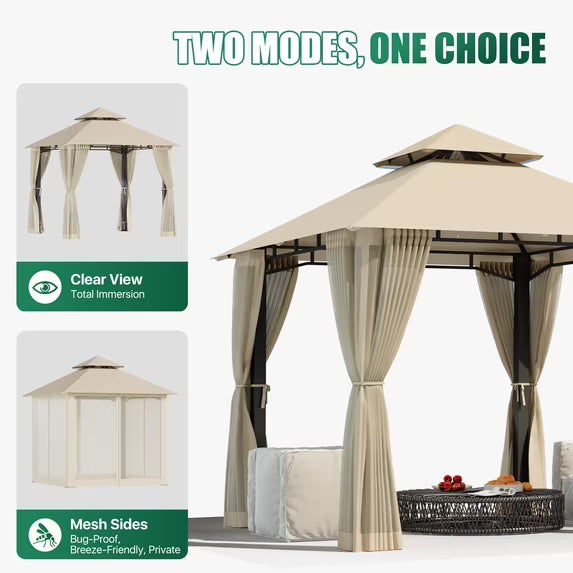 LazySunsets 8'x 8' Patio Gazebo Double Roof Protection All-Weather Outdoor Shelter Features Insect Screens for Backyard, Lawn, (Beige)