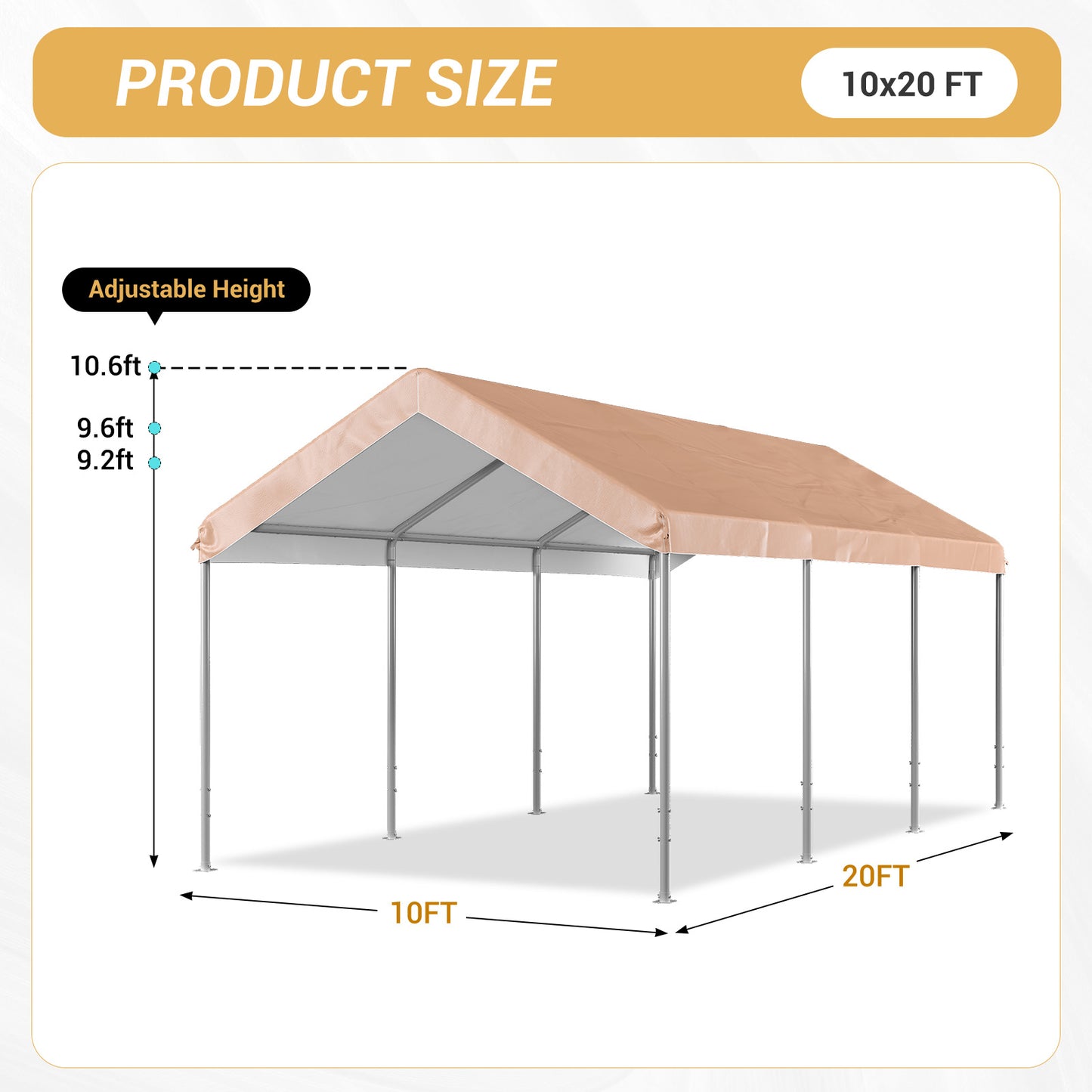 Aoxun 10x20 ft Heavy Duty Carport Canopy, Potable Car Canopy with Adjustable Height, Outdoor Carport Shelter Portable Garage with Reinforced Frame for Cars, Boats, Trucks, Khaki