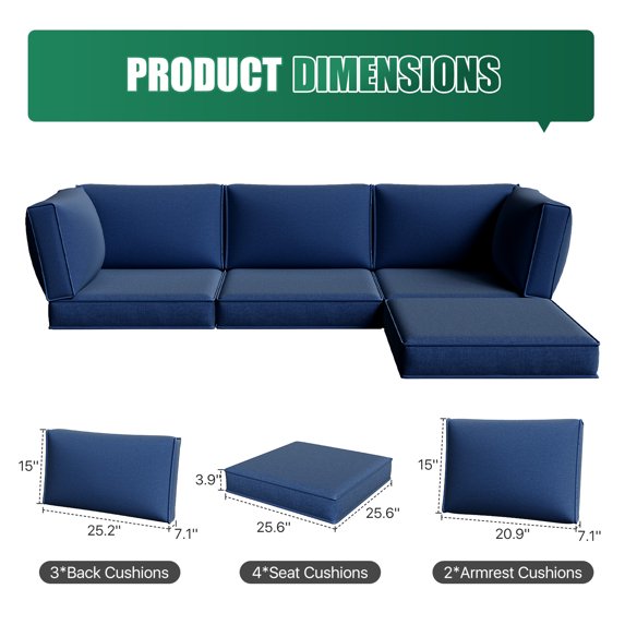 Clouddwell 9-Piece Premium Outdoor Cushion Set, High-Resilience Waterproof Cushions for 4-Seat Wicker Sectional, Comfort Upgrade (Navy Blue)