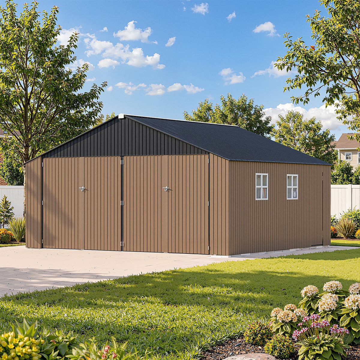 LazySunsets 20 x 20 FT Outdoor Storage Shed, Large Metal Garage Carport Shed, Heavy Duty Car Port with Double Front Doors & Side Door, Brown