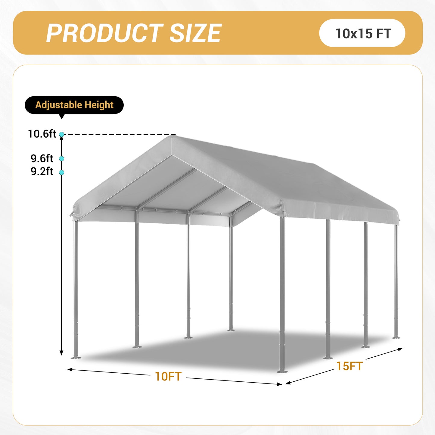 Aoxun 10x15 ft Heavy Duty Carport Canopy, Potable Car Canopy with Adjustable Height, Outdoor Carport Shelter Portable Garage with Reinforced Frame for Cars, Boats, Trucks, Gray