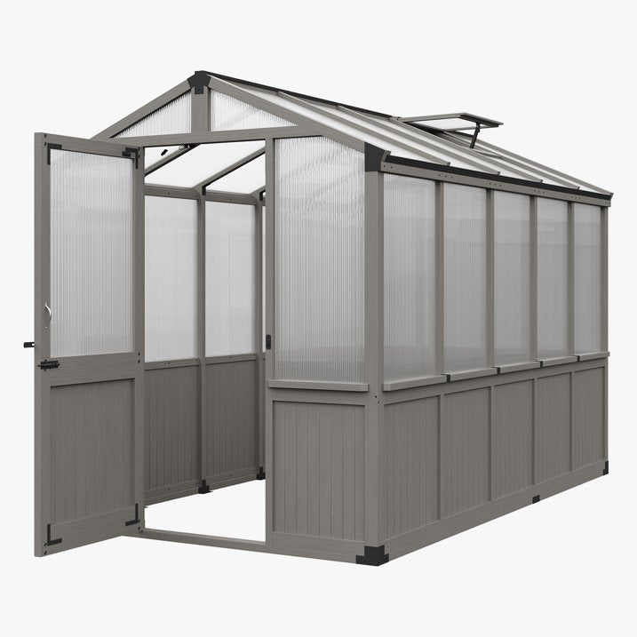 Clouddwell Large Outdoor Wooden Storage Shed, Polycarbonate Panels with Automatic Roof Vent & Lockable Door, Outdoor Walk-in Garden Greenhouse, 6x10 FT, Gray