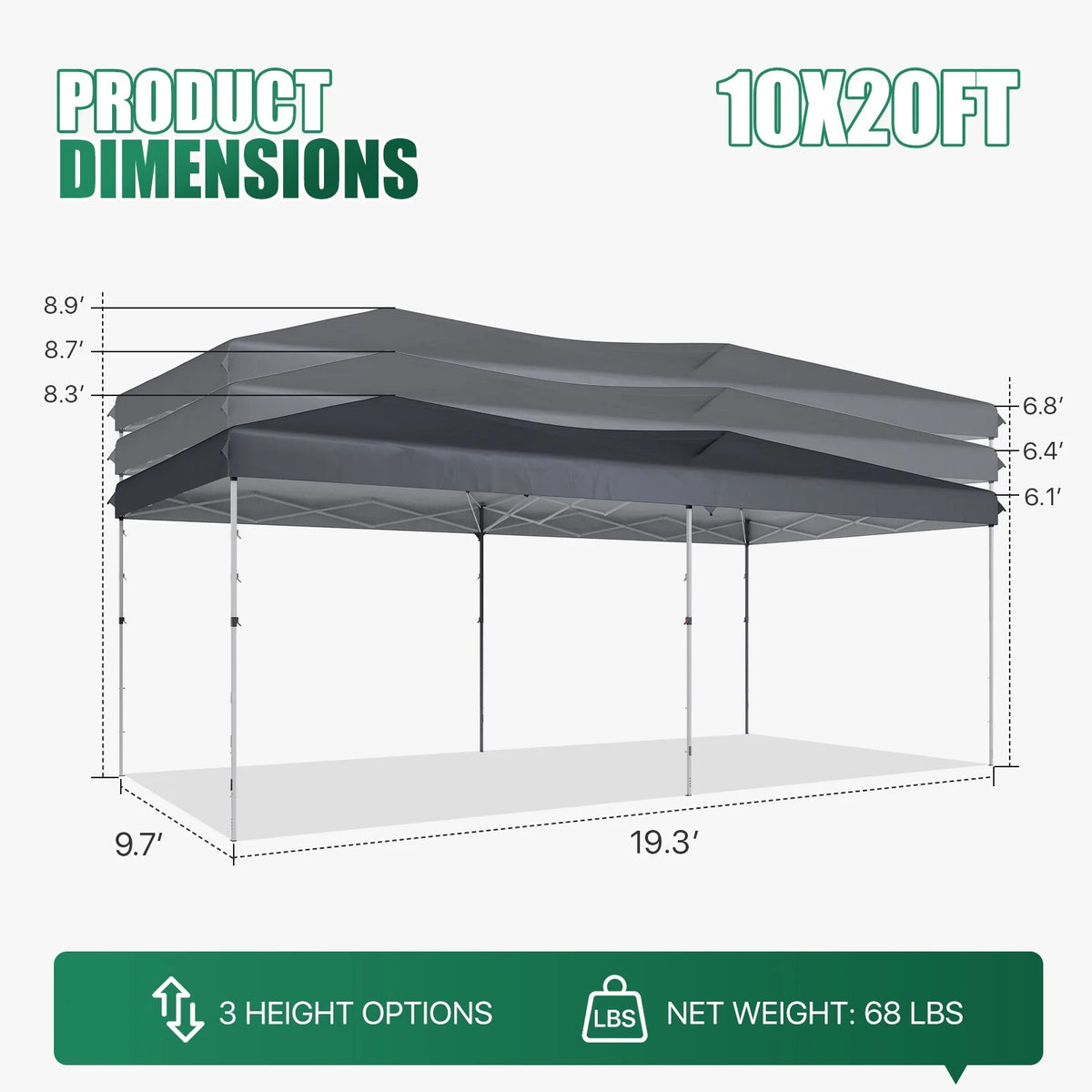 ClouDDwell 10x20ft Pop up Canopy, Party Tent with 3 Adjustable Heights, Tents for Party, Instant Shelter Canopy with 6 Removable Sidewalls For Parties, Weddings, Gray