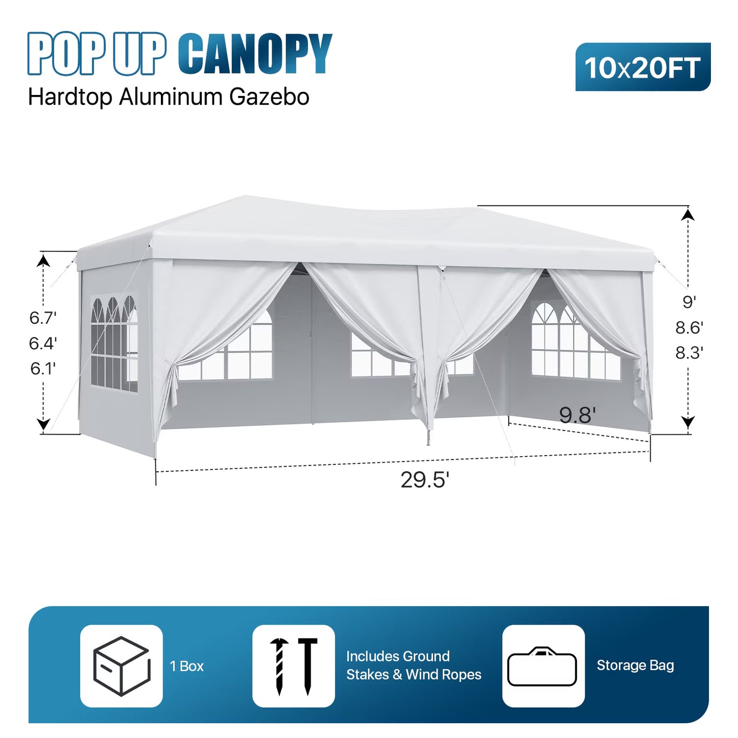 Dateyes 10x20 Pop Up Canopy Tent, Waterproof Party Tent with 6 Removable Sidewalls, 3-Level Height Adjustable Event Tent, Instant Shelter for Wedding, Party, Commercial & Market Events,White