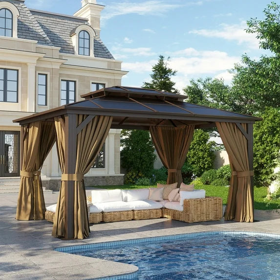Clouddwell 10'x14' Hardtop Gazebo - Polycarbonate Double Roof with Netting & Curtains for Patio, Garden Sun Protection,Browm