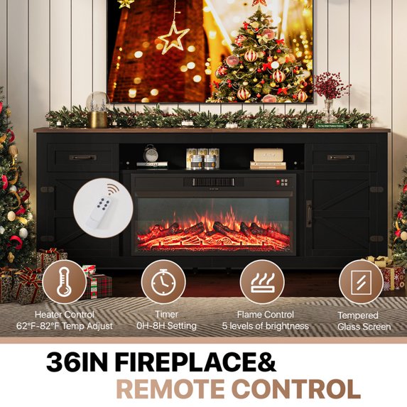 Sonegra 80" Fireplace TV Stand, Entertainment Center for TVs Up to 90”, TV Console with Storage Cabinets, Media Console for Living Room, White TV Stand and Black Fireplace, Black