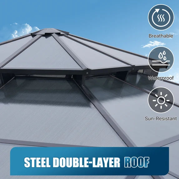 Sunmthink 10' x 10' Hardtop Gazebo,Polycarbonate Double Roof,Aluminum Frame with Curtains and Netting for Patio,Garden,Gray
