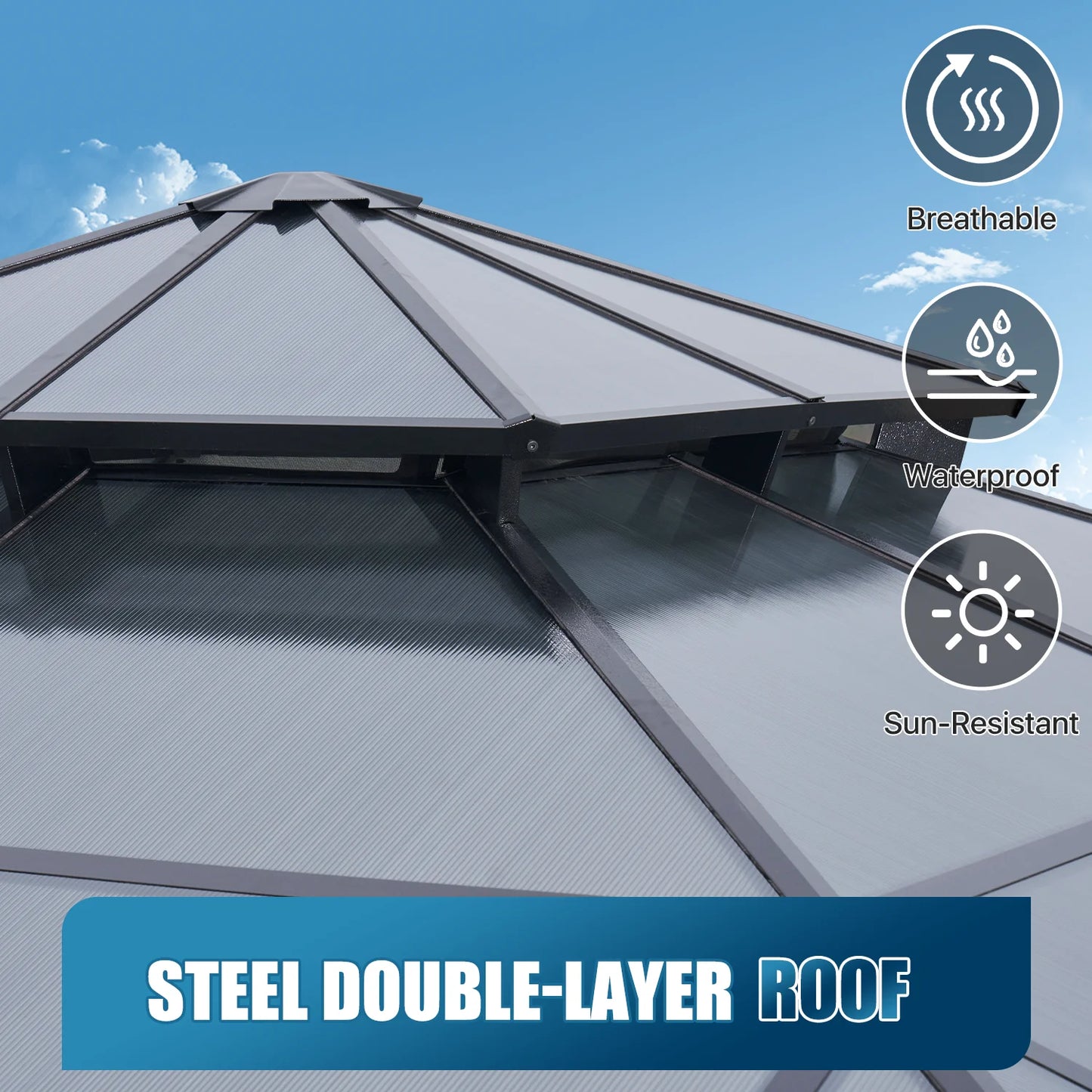 Sunmthink 12' x 12' Hardtop Gazebo,Polycarbonate Double Roof,Aluminum Frame with Curtains and Netting for Patio,Garden,Gray