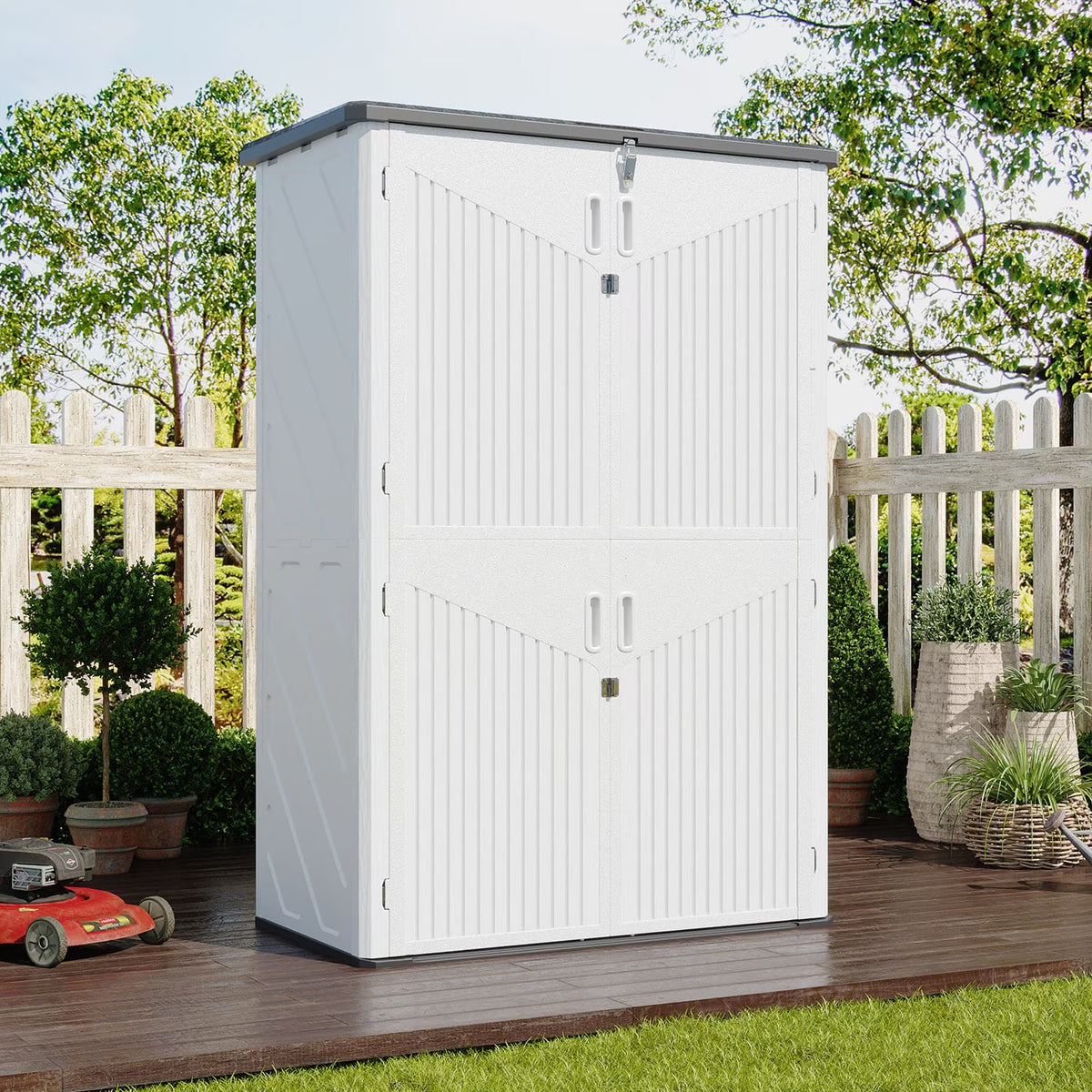 Dateyes 4.5X2.5 FT Resin Outdoor Storage Shed, 64 Cu.ft Waterproof Plastic Storage Sheds with Floor, Weather-Resistant Vertical Outdoor Storage Cabinet with Lockable Doors, White