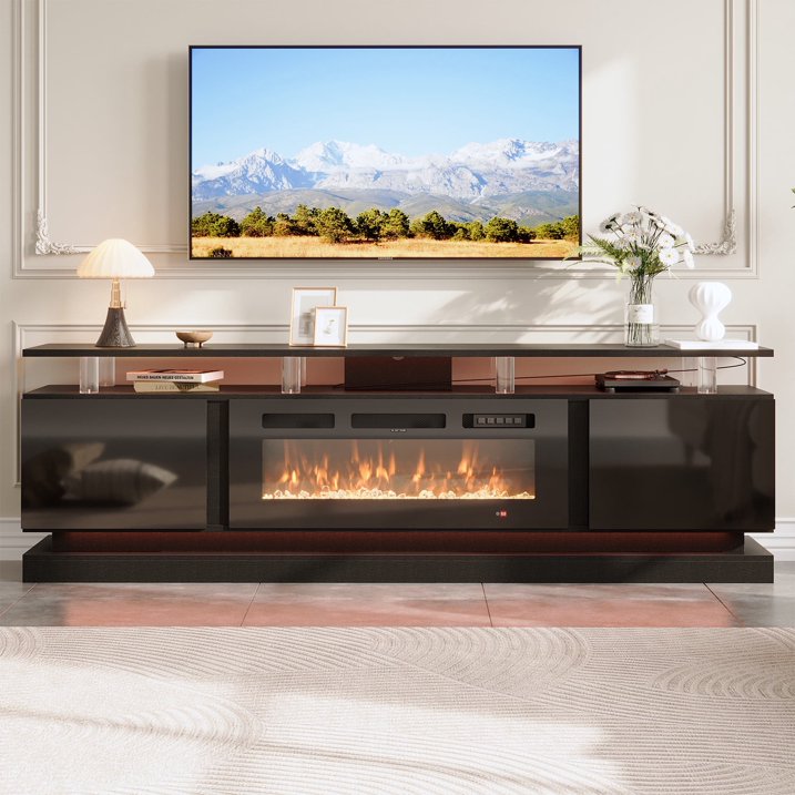 Sonegra Fireplace TV Stand with Electric Fireplace up to 90", Entertainment Center with Fireplace, LED 80" Modern TV Console with Storage for Livingroom, Black