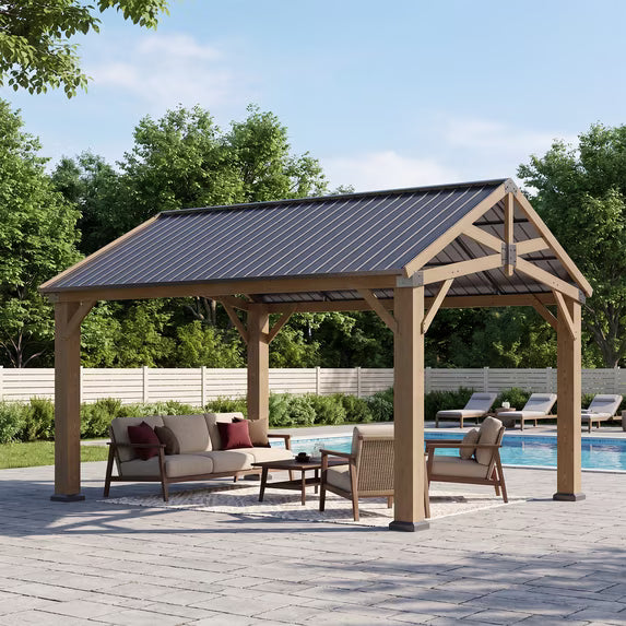 Sunmthink 12' x 14' Wood Frame Gazebo, Hardtop Gazebo with Galvanized Steel, Permanent Wooden Pavilion for Patio Backyard Lawn Garden
