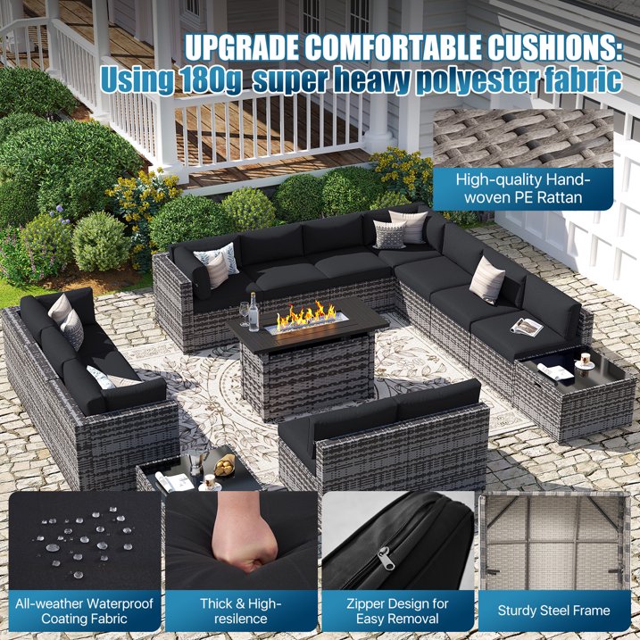 Sunmthink Patio Furniture Sets, 15-Piece Outdoor Patio Furniture with 44'' Propane Gas Firepit Table, Wicker Outdoor Conversation Set and Waterproof Cover for Backyard, Poolside, Garden